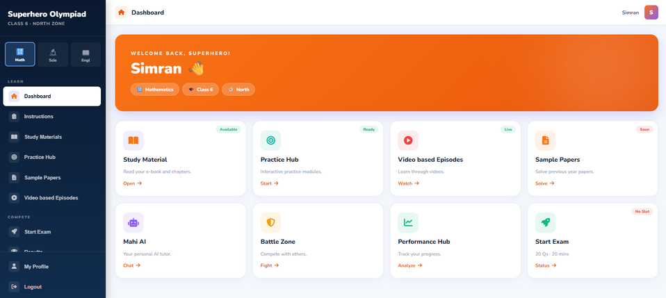 SIO smart dashboard showing study material, practice hub, video episodes, sample papers, Mahi AI tutor, battle zone and performance hub