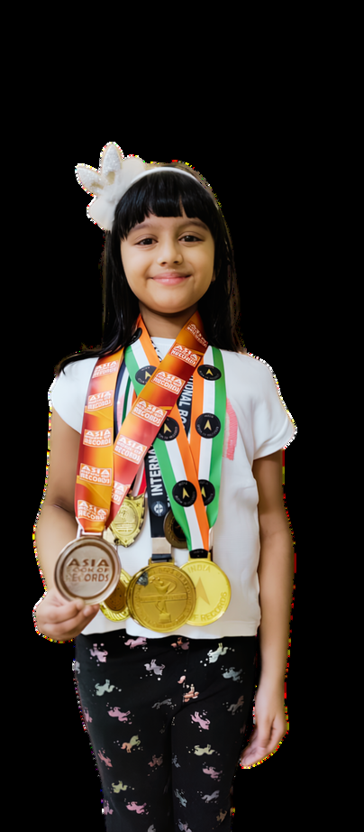 A young champion wearing multiple gold medals earned at academic competitions